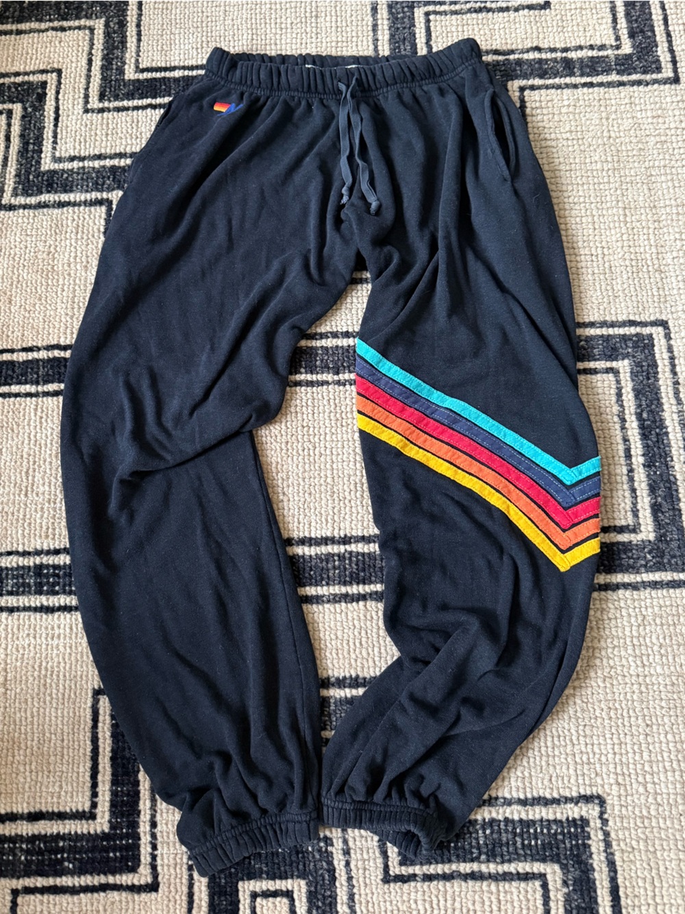 Aviator Nation Black Sweatpants with Rainbow Chevron Side Stripes